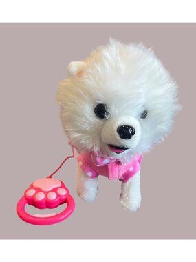 Interactive White Plush Dog Toy In Pink Polka Dot Dress With Remote Control Paw